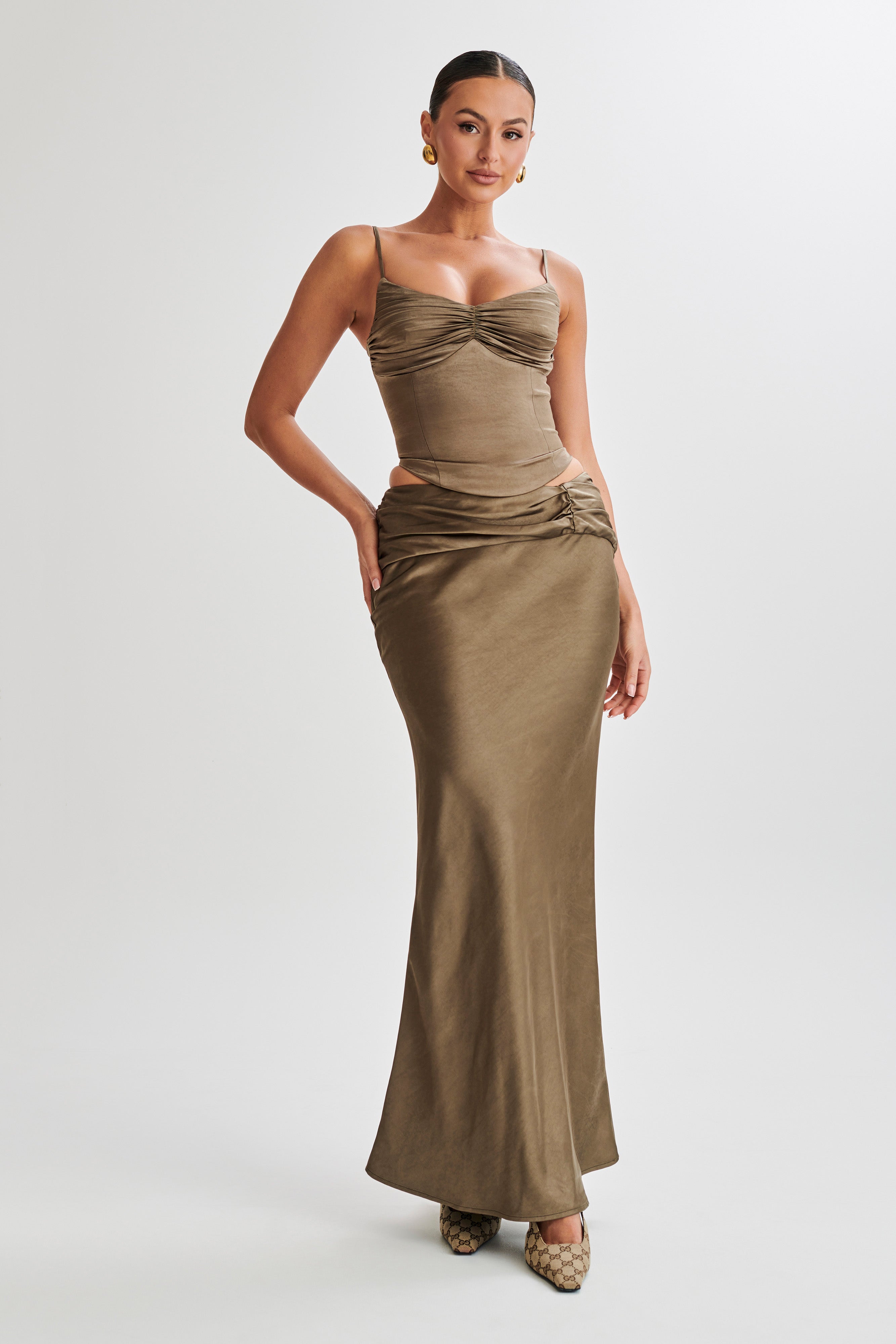 Harlee Satin Corset Top With Straps - Khaki