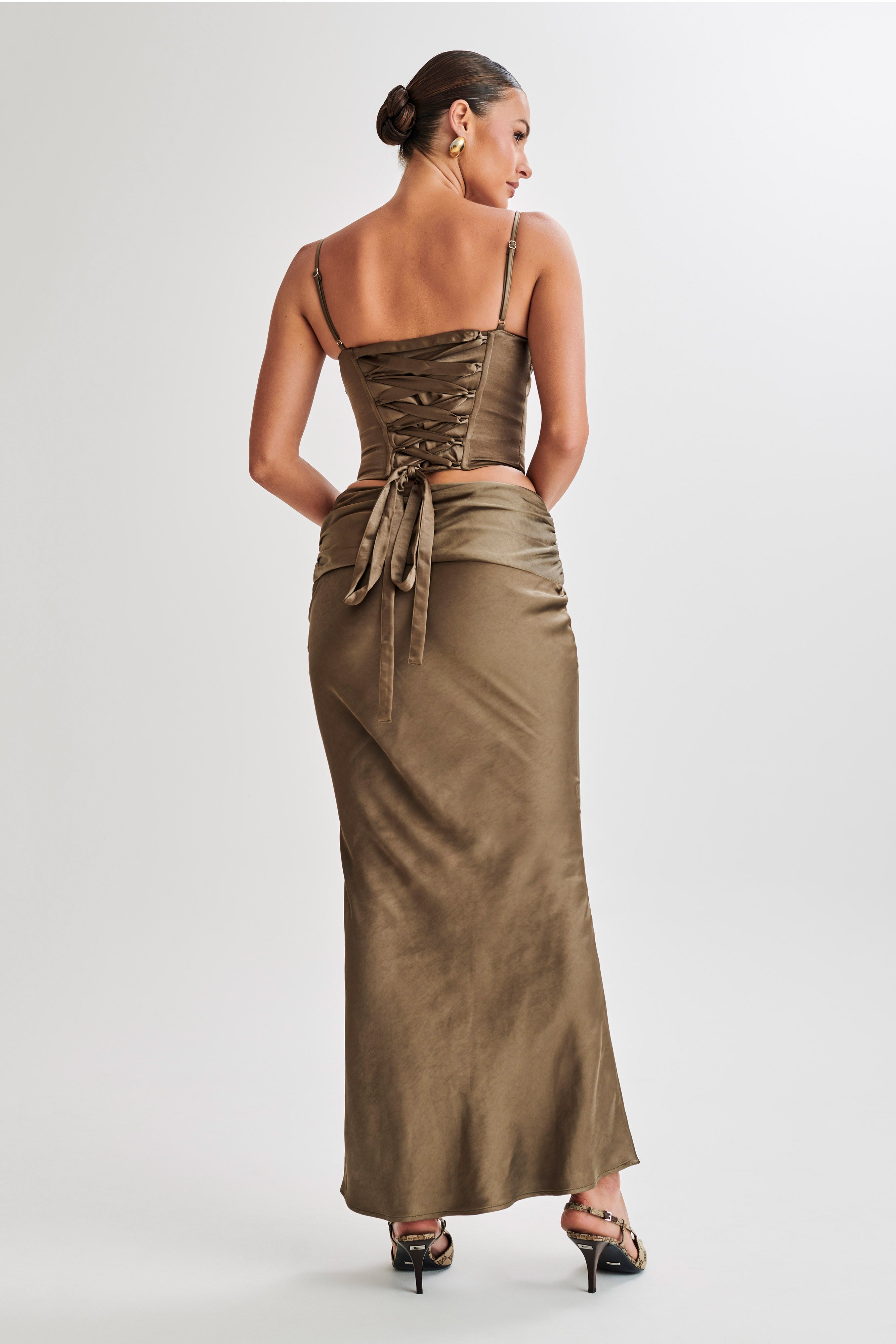 Harlee Satin Corset Top With Straps - Khaki
