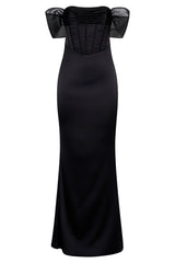 Everly Off Shoulder Organza Satin Maxi Dress - Black
