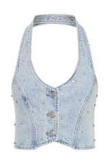 Kieryn Embellished Denim Vest - Light Blue